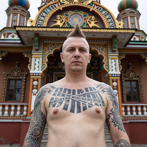 Shirtless, tattooed man with spiked hair stands in front of colorful, ornate building with intricate patterns and domed roofs. Photograph.