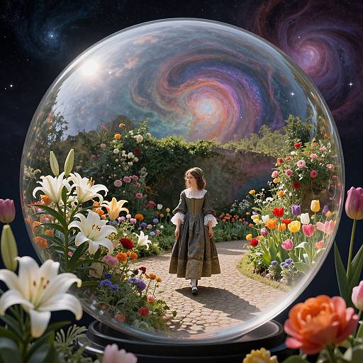 Photorealistic digital art: Victorian girl in blue dress stands in vibrant flower garden inside a glass snow globe, with a starry, galaxy-filled night
