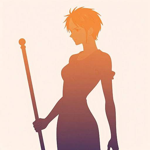 Digital silhouette of a female warrior with short orange hair, holding a staff, against a white background, in a gradient orange-purple color scheme.