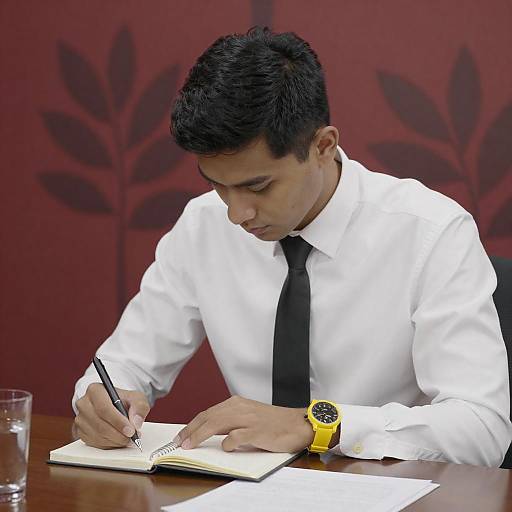 Young Man Writing at Wooden Desk