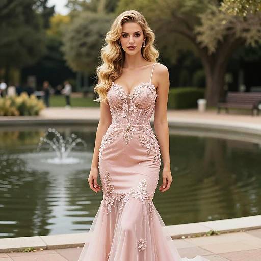 Woman in Blush Pink Mermaid Gown in Park