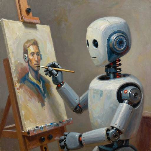 Photorealistic painting of a silver robotic artist painting a portrait of a serious man on an easel with a wooden stand.