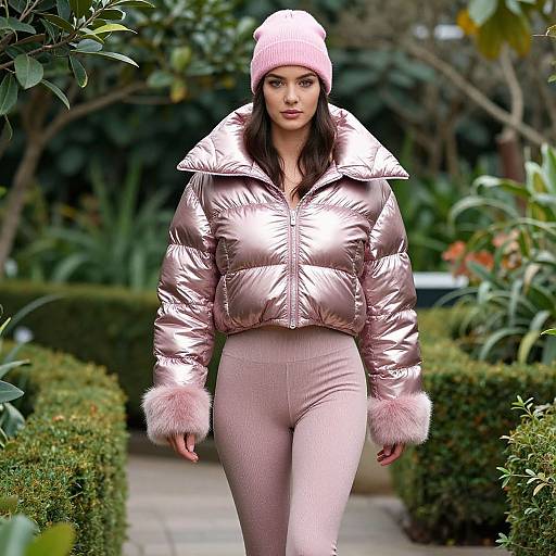 Photograph of a woman in a pink beanie, shiny silver puffer jacket, and pink textured leggings, walking through a lush, green garden.