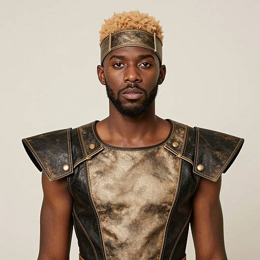 Photograph of a muscular Black man with blonde curly hair, wearing a metallic gold and black leather shoulder armor, and a metallic headband, against a