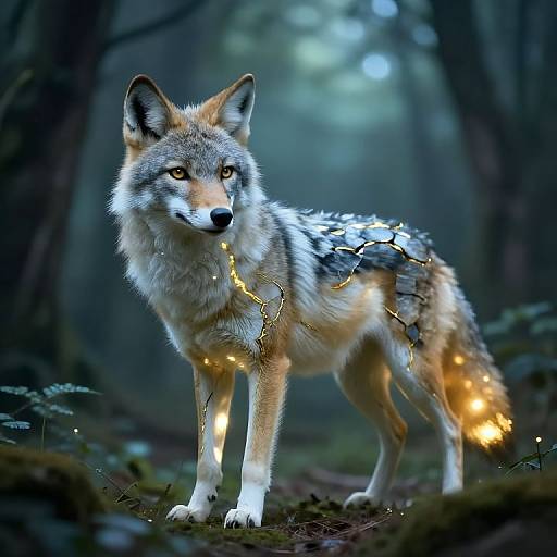 Digital art of a glowing, electrically charged wolf standing in a dark, mystical forest, with luminous sparks on its fur.