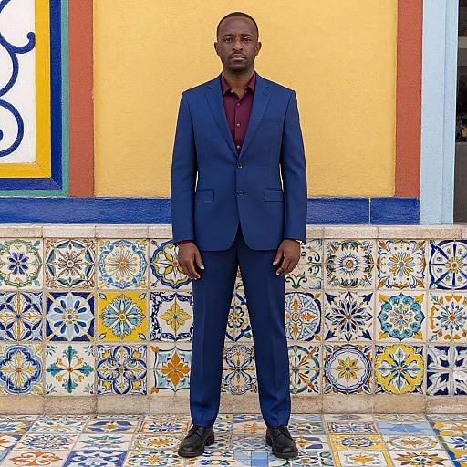 Photograph of a Black man in a navy blue suit, maroon shirt, standing against a colorful tiled wall with blue, yellow, and orange patterns