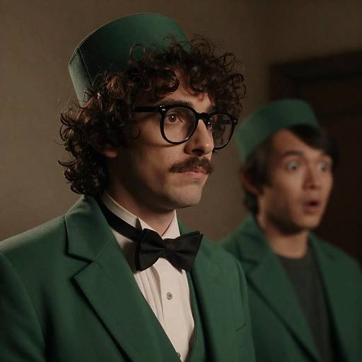 Two Men in Green Uniforms with Expressive Faces