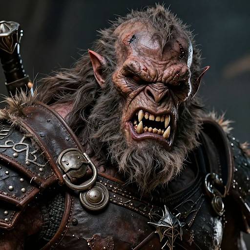 Photorealistic CGI of a fierce, muscular orc with dark fur, sharp teeth, and pointed ears, wearing detailed, spiked leather armor.