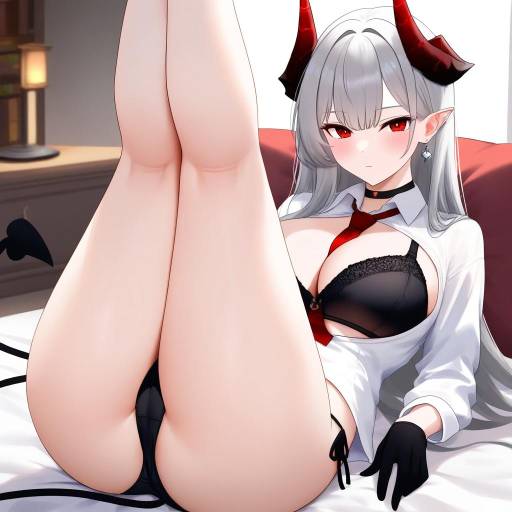 Seductive Demon Girl in Cozy Library