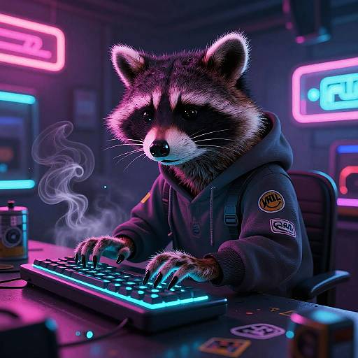 Cyberpunk Raccoon Hacker in Neon Basement