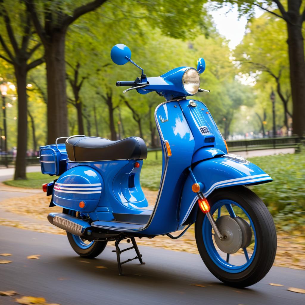 Electric Blue Moped Speeding Through Park