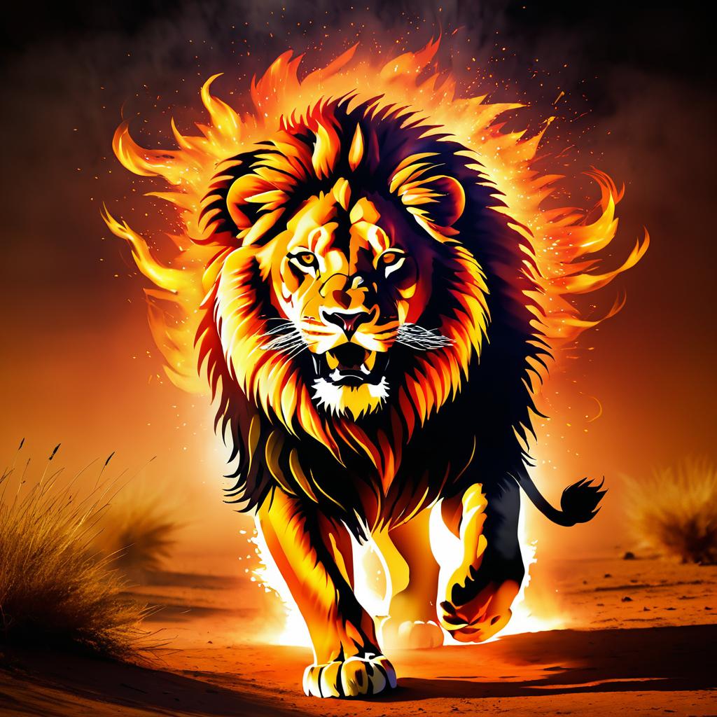 Fierce Lion in Fiery Savannah Artwork