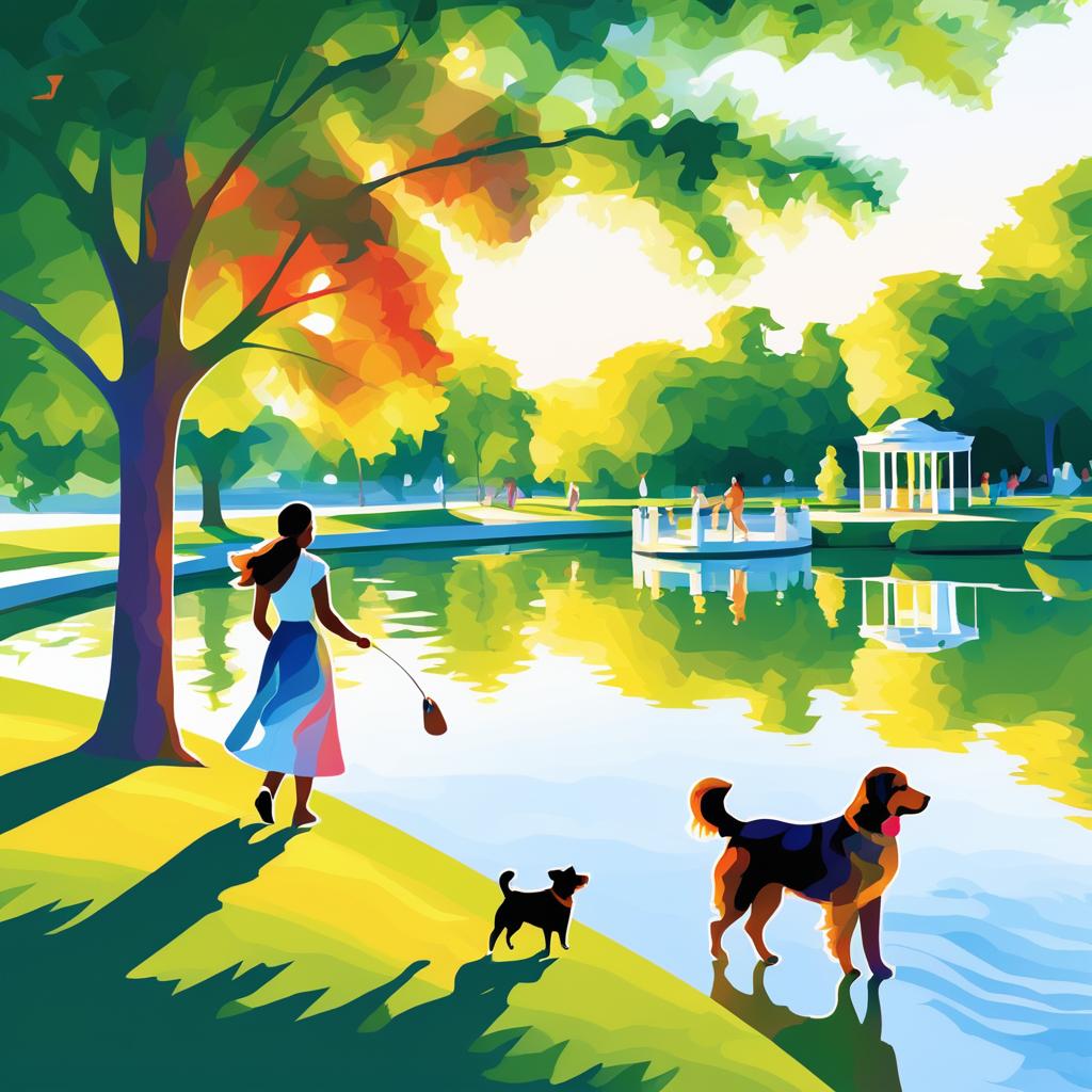 Serene Lakeside: Couples Walking Dogs