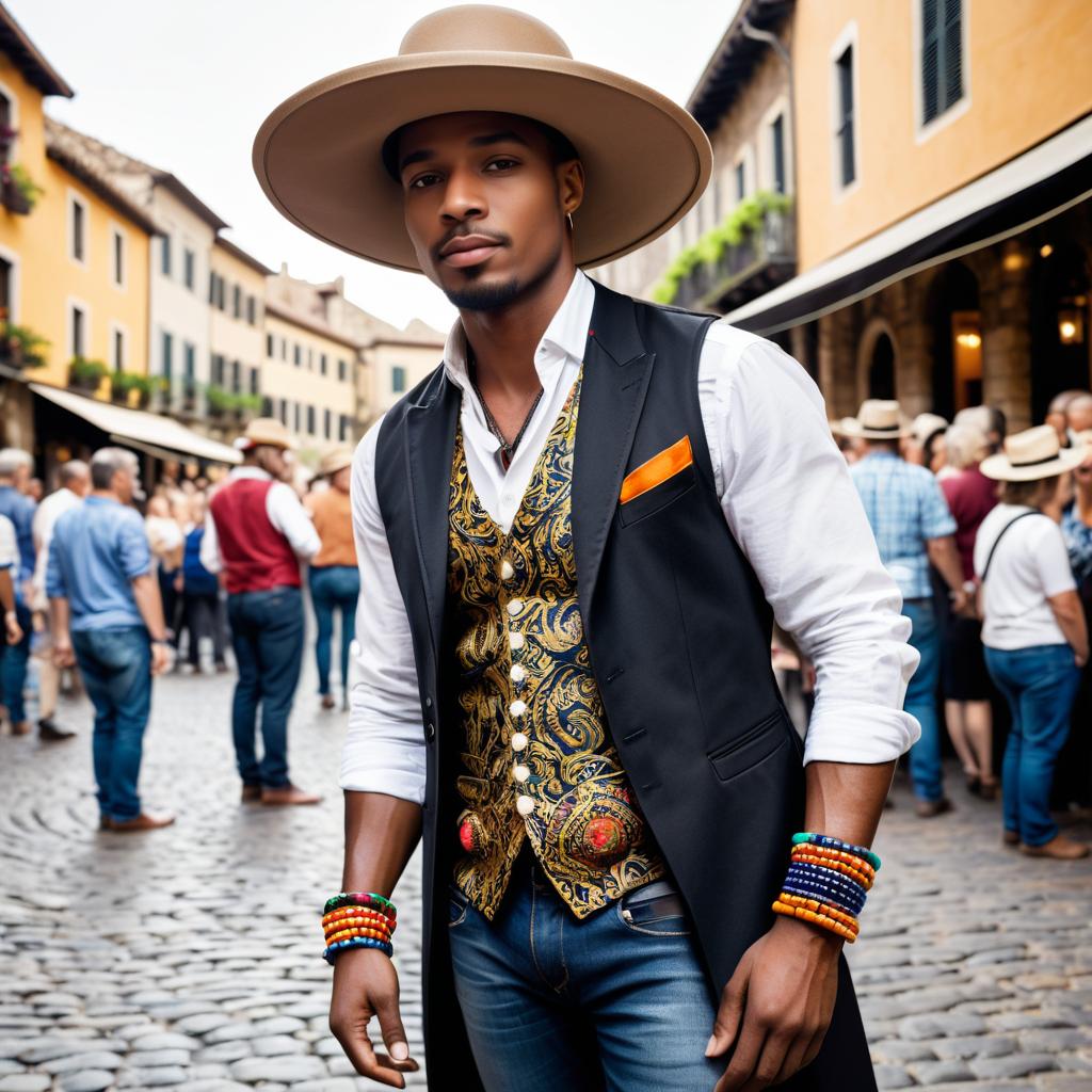 Vibrant Street Performer in Cobblestone Plaza