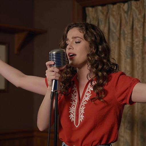 Woman Singing into Vintage Microphone