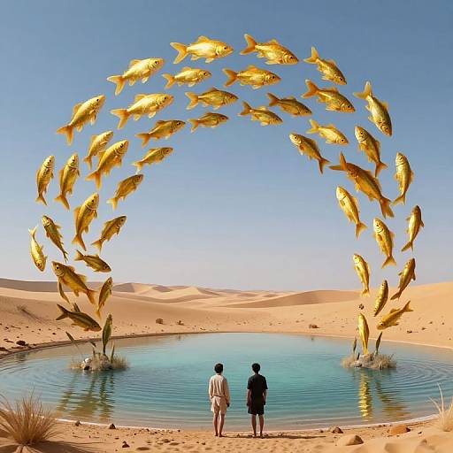 Photograph of two people in desert oasis, back-facing, with golden fish forming a circle above calm water, surrounded by sand dunes.
