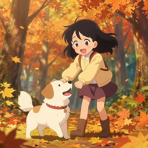 Anime-style drawing of a black-haired girl in a yellow sweater and brown boots, petting a white dog in an autumn forest.