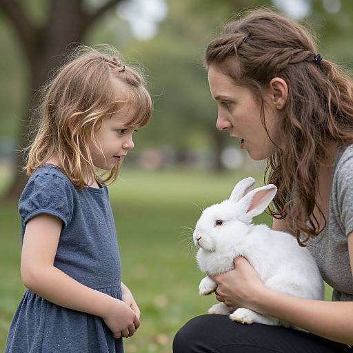 Photograph of a brown-haired woman with braided ponytail, wearing a gray shirt, holding a white rabbit, and a blonde-haired girl in a