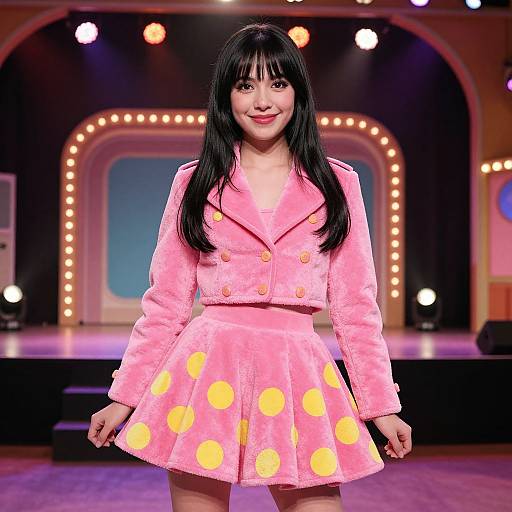 Photograph of an Asian woman with long black hair, wearing a pink, polka-dotted, furry jacket dress, standing on a stage with circular