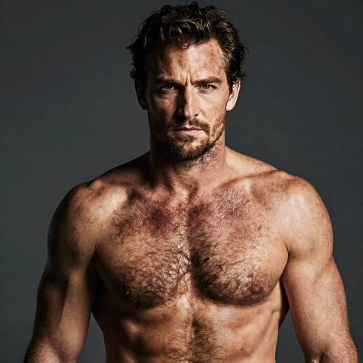 Photograph of a muscular, shirtless, bearded man with tousled dark hair and chest hair, gazing intently at the camera against a