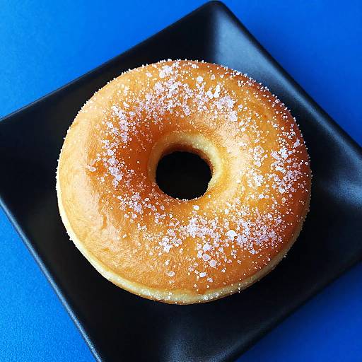 Photograph of a sugar-coated donut on a black square plate against a vivid blue background, highlighting the donut's golden brown texture and white