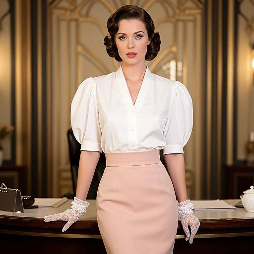 1930s-style photograph of a fair-skinned woman with vintage curled brown hair, wearing a white blouse and pale pink skirt, white lace gloves,