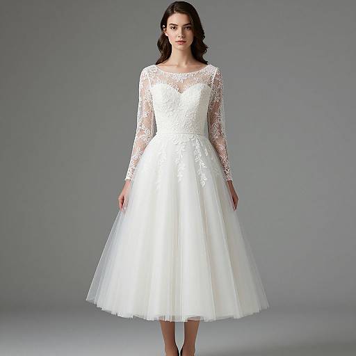 Photograph of a young woman with fair skin and dark hair, wearing a white lace long-sleeve wedding dress with a full, tiered skirt