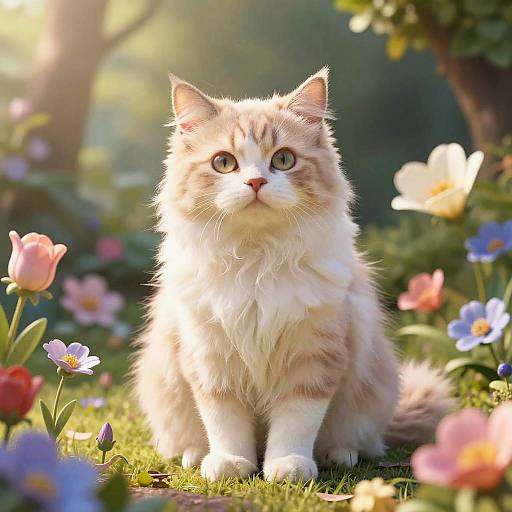Photograph of a fluffy, long-haired, cream and orange tabby cat with green eyes, sitting in a sunlit garden surrounded by colorful tulips