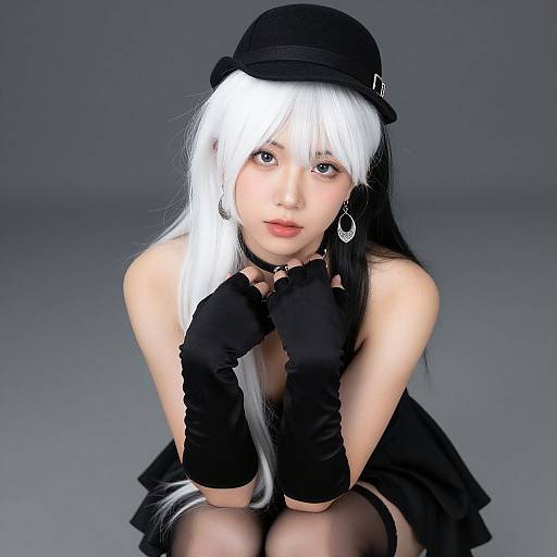 Digital anime-style photograph of a young woman with white and black hair, wearing a black hat, gloves, choker, and dress, kneeling against a