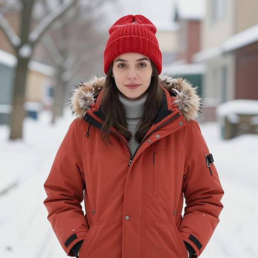 Young Woman in Winter Coat and Red Beanie