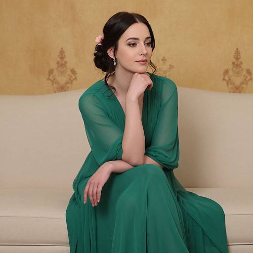 Photograph of a fair-skinned woman with dark hair in a green, sheer, long-sleeve dress, sitting on a white couch against a