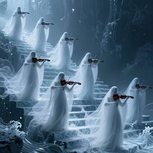 Digital art of ethereal white ghostly figures in flowing robes, playing violins on luminous blue steps, creating a mystical, otherworldly atmosphere