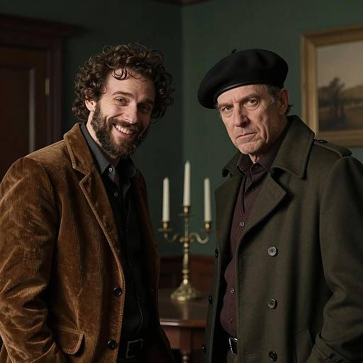 Two Men in Vintage Fashion in Dimly Lit Room