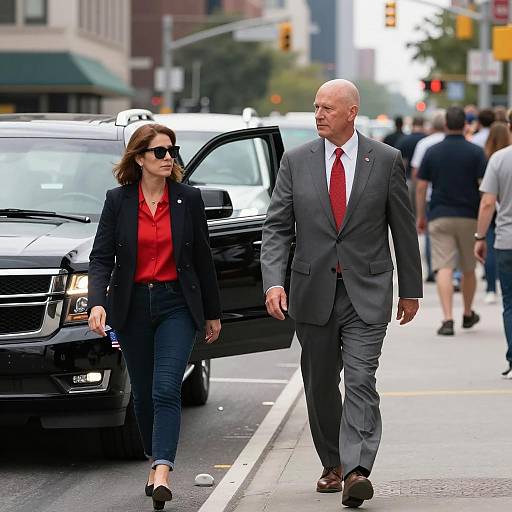 Businessman and Woman Walking on City Street
