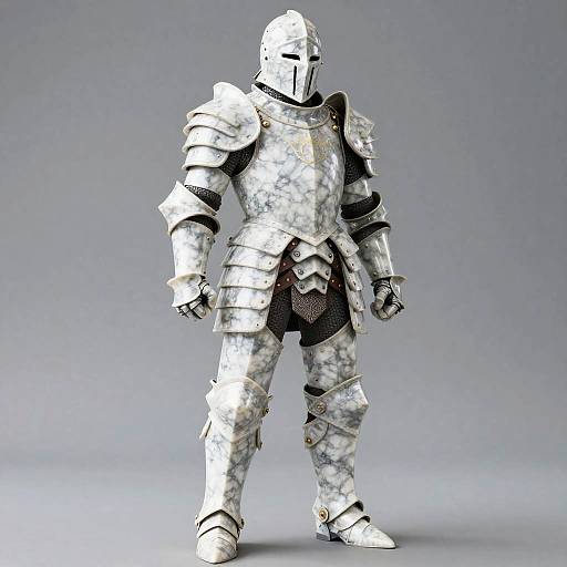 Photorealistic CGI of a medieval knight in full silver marble-patterned plate armor, standing with a neutral gray background.
