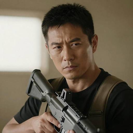 Intense Portrait of Man with Rifle