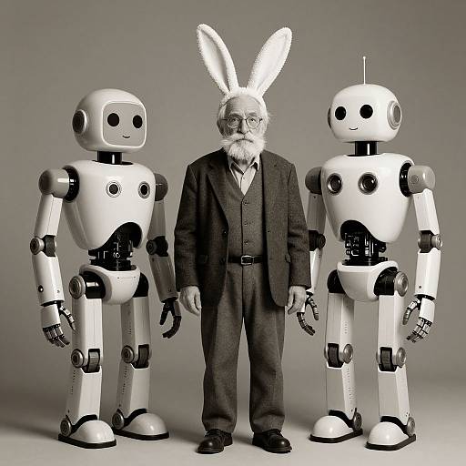 Photograph of an elderly man with a white rabbit head, wearing a dark suit, standing between two white, smiling robots.