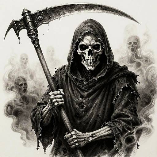 Digital black-and-white illustration of a grinning skeletal Reaper with tattered hood, holding a blood-stained scythe, surrounded by ghostly smoke and