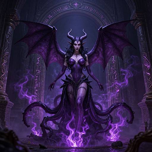 Digital artwork of a dark, demonic queen with purple wings, horns, and tentacles, surrounded by glowing purple flames in a gothic temple.