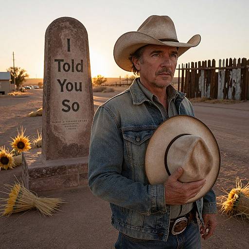 Photograph of a rugged, middle-aged Caucasian cowboy with a mustache, wearing a white hat and denim jacket, holding a hat, standing in front