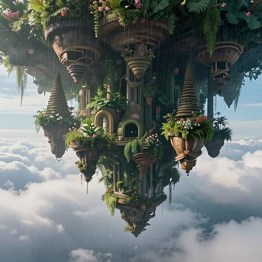 Fantasy CGI image of a floating, lush, moss-covered, intricately detailed wooden island with spire towers, hanging plants, and flowers, reflected