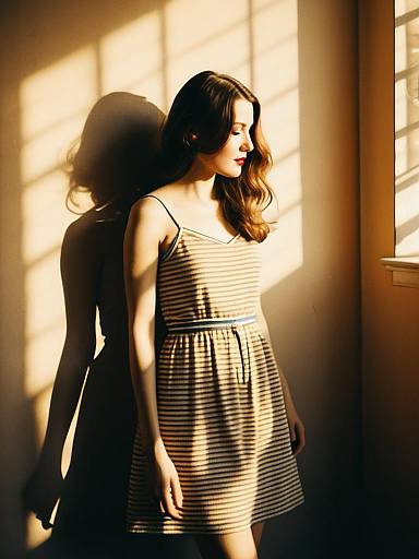 Woman in Striped Sundress with Shadow