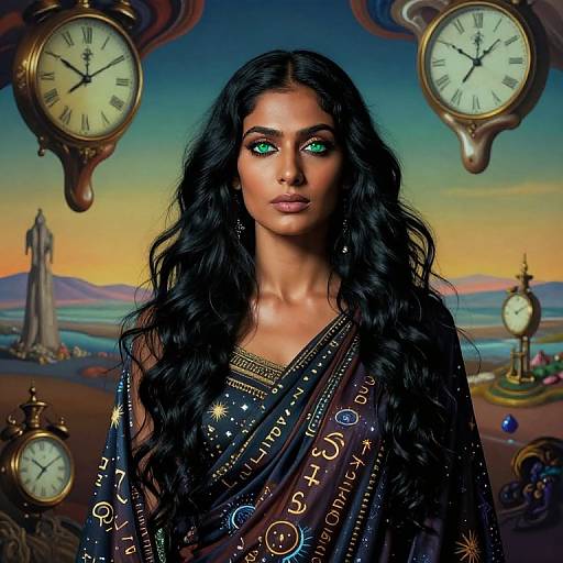 Digital artwork of a beautiful woman with long black hair, glowing green eyes, wearing a dark blue, star-patterned sari, surrounded by floating antique