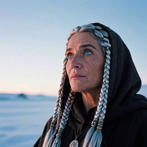 Photograph of an elderly woman with gray braided hair, blue eyes, and weathered face, wearing a black hooded cloak, against a snowy