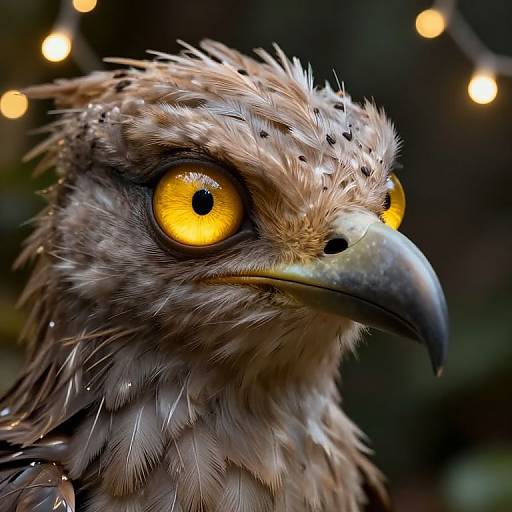 Close-up photograph of a fierce eagle's head with vivid yellow eyes, detailed brown and beige feathers, and a sharp black beak. Background is blurred