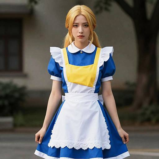 Photorealistic CGI of a young Asian woman with blonde pigtails, wearing a blue and white Alice in Wonderland-style maid dress, standing outdoors with