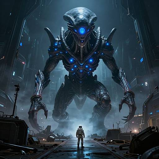 Digital sci-fi artwork of a massive, blue-lit, biomechanical creature looming over a silhouetted human in a dark, industrial,