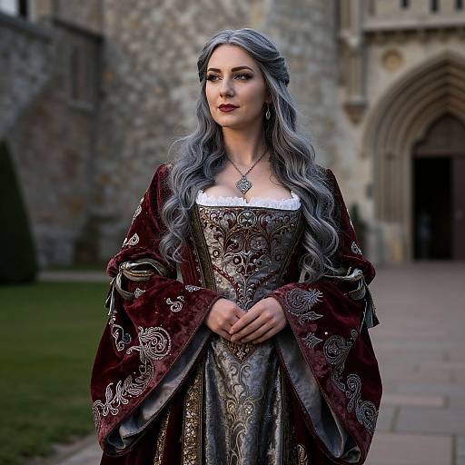 Digital art of a fair-skinned woman with long gray hair, wearing an ornate maroon velvet gown and intricate silver necklace, standing in front of