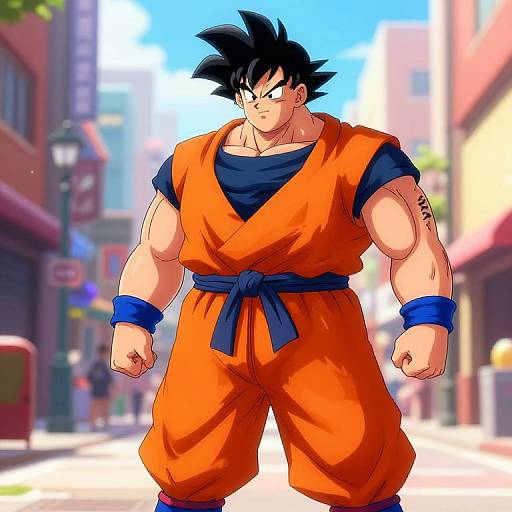 Digital anime-style drawing of muscular Goku in orange gi, blue sash, and wristbands, standing confidently in a sunlit, blurred city street.