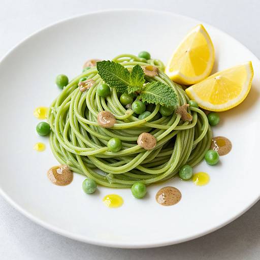 Photograph of green spaghetti with pea pods, brown mushrooms, mint garnish, and lemon wedges on a white plate.